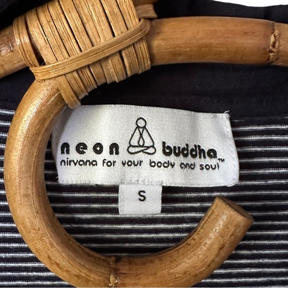 Neon Buddha | Navy Striped Back Button Front Top Stretch Cotton Size S - Picture 8 of 11